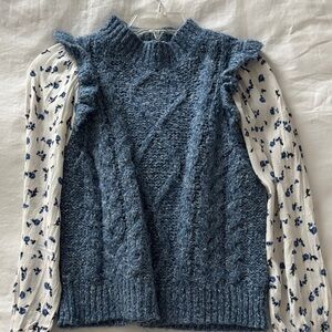 Anthropologie Heathered Blue Sweater with Floral Sleeves